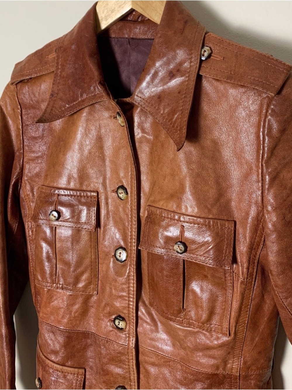 Vintage 70s Cognac Leather Button-Front Jacket - Picture 5 of 9